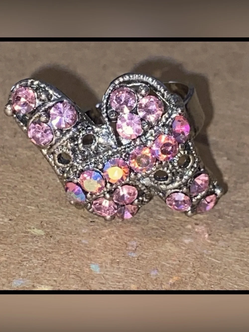Vintage Pink Iridescent AB Rhinestone Ring Silver Tone Cocktail Adjustable Sz 7